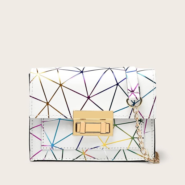 

Geometric Pattern Chain Crossbody Bag, White