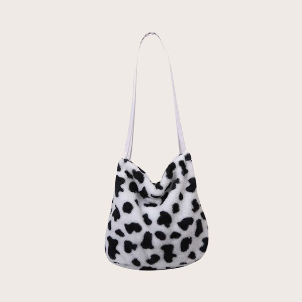 

Cow Pattern Fluffy Shoulder Bag, Black and white
