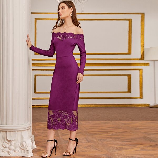 

Off Shoulder Embroidered Mesh Panel Dress, Purple