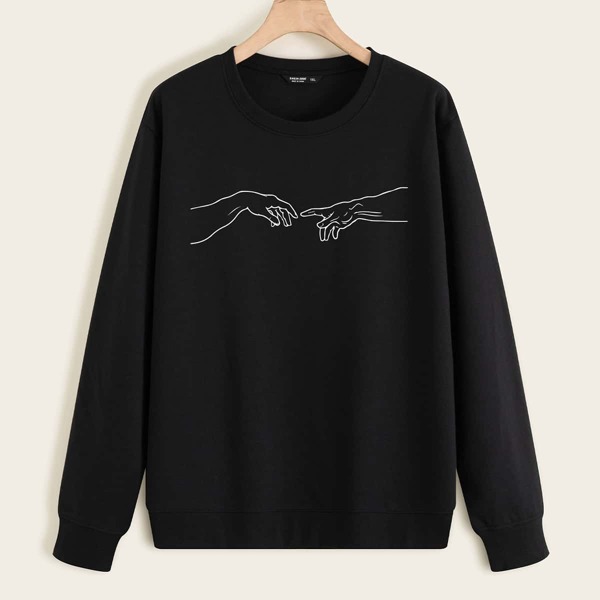 

Plus Gesture Print Round Neck Sweatshirt, Black