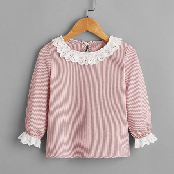 

Toddler Girls Eyelet Embroidery Trim Striped Blouse, Dusty pink