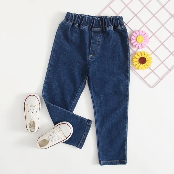 

Toddler Girls Solid Elastic Waist Jeans, Dark wash
