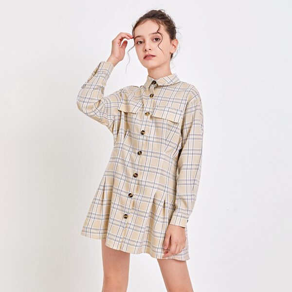 

Girls Plaid Button Up Shirt Dress, Apricot