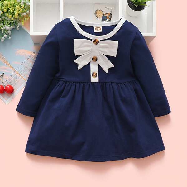 

Baby Girl Contrast Binding Bow Front Dress, Navy blue