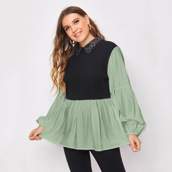 

Plus Colorblock Contrast Collar Babydoll Blouse, Multicolor