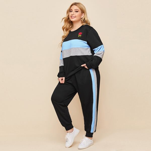 

Plus Embroidery Floral Appliques Color-block Sweatshirt & Sweatpants, Multicolor
