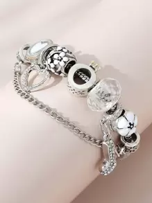 1pc Elegant Rhinestone Studded Heart Shaped High Heel Charm Chain Tassel Beaded Bracelet, Personalized Jewelry Suitable For Women's Casual, Party, Nightclub, Travel Wear - Silver - View 2