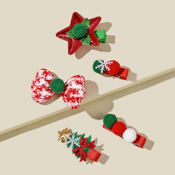 

5pcs Toddler Girls Christmas Pom Pom Decor Hair Clip, Multicolor