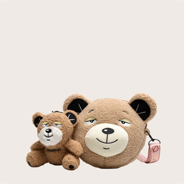 

Girls Cartoon Bear Shaped Fluffy Crossbody Bag, Khaki