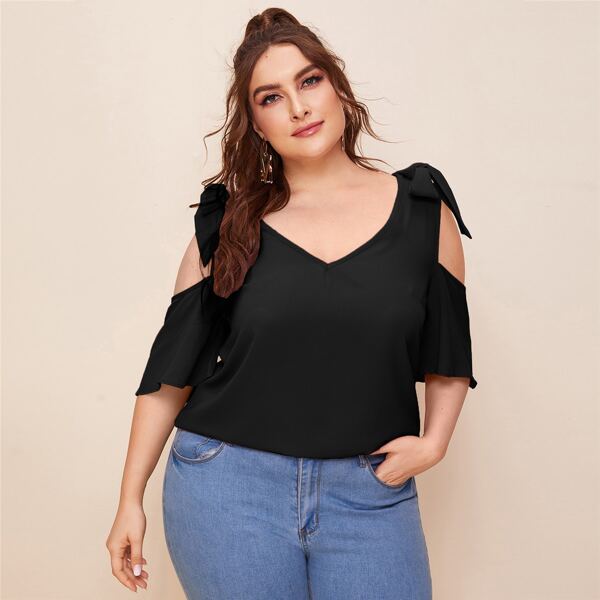 

Plus Double Bow Cold Shoulder Blouse, Black