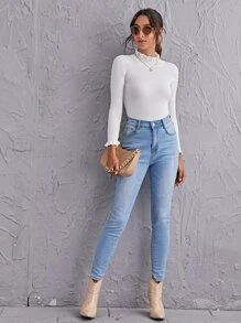 SHEIN Clasi Frill Mock Neck Rib-knit Slim Sweater - White - View 3