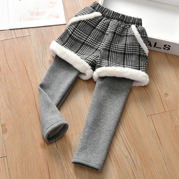 

Toddler Girls 2 In 1 Houndstooth Panel Fleece Lined Pants, Grey