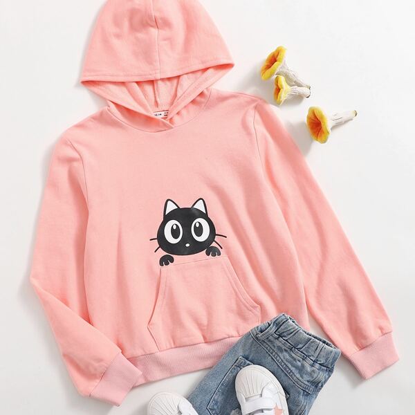 

Girls Cartoon Graphic Pocket Detail Hoodie, Pastel baby pink