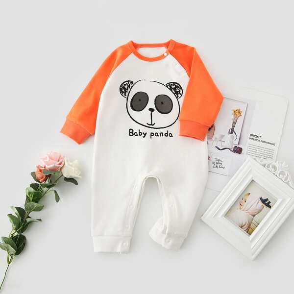 

Baby Unisex Panda Print Contrast Raglan Sleeve Jumpsuit, White