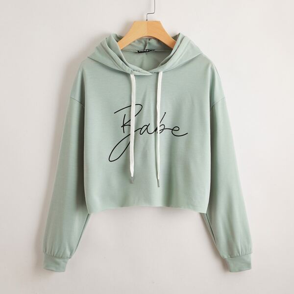 

Drop Shoulder Letter Graphic Drawstring Hoodie, Mint green