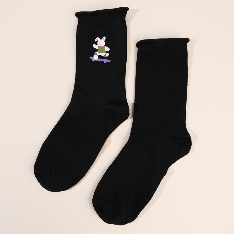 

1pair Cartoon Rabbit Crew Socks, Black