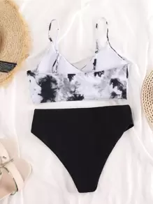SHEIN Swim Bộ bikini lưng cao nhuộm dây buộc bãi biển mùa hè - Đen và trắng - Xem 2