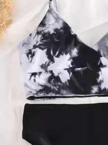 SHEIN Swim Bộ bikini lưng cao nhuộm dây buộc bãi biển mùa hè - Đen và trắng - Xem 3