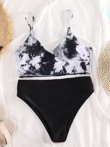 SHEIN Swim Bộ bikini lưng cao nhuộm dây buộc bãi biển mùa hè - Đen và trắng - Xem 4