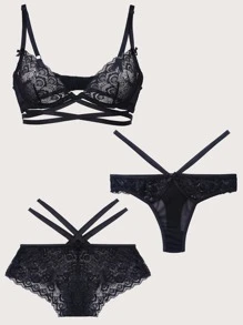 3pack Floral Lace Lattice Underwire Lingerie Set - Black - View 2