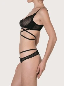 3pack Floral Lace Lattice Underwire Lingerie Set - Black - View 8