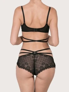3pack Floral Lace Lattice Underwire Lingerie Set - Black - View 12