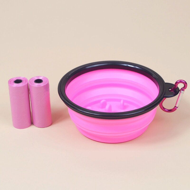 

1pc Collapsible Slow Feeder Dog Bowl & 2rolls Garbage Bag, Pink