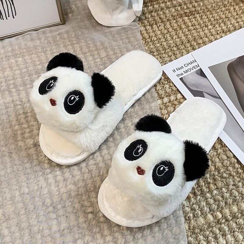 Cartoon Panda Fluffy Slippers, White