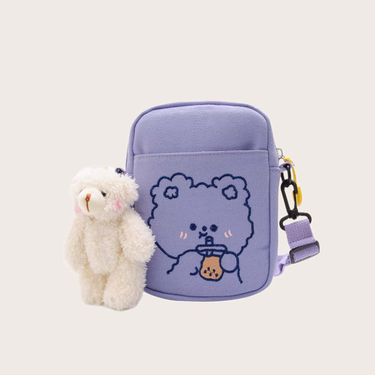 

Cartoon Bear Canvas Crossbody Bag, Pastel lilac purple