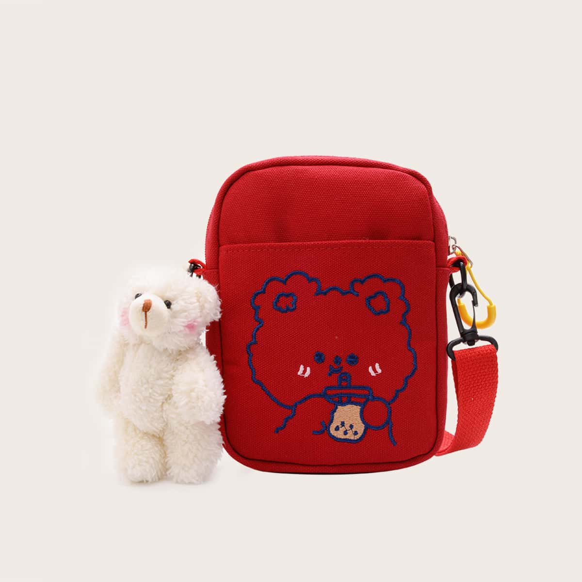 

Cartoon Bear Canvas Crossbody Bag, Red