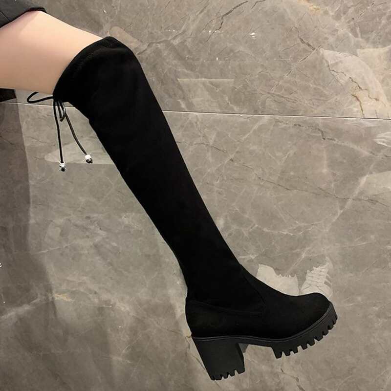 

Chunky Heeled Tie Back Sock Boots, Black