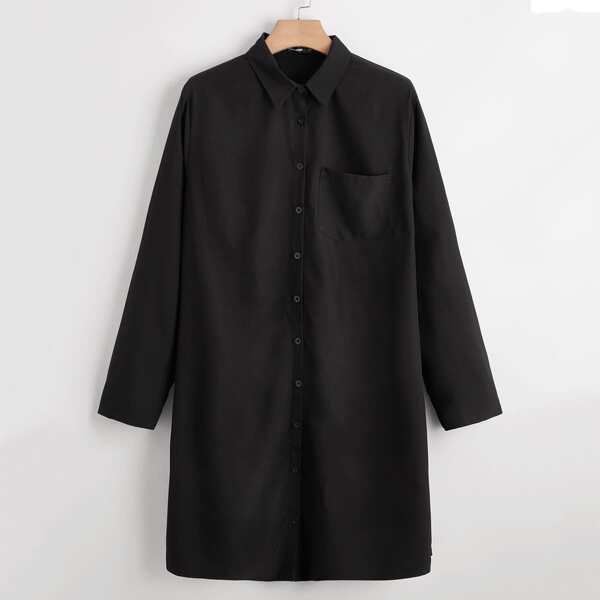 

Plus Button Front Pocket Patched Shirt Dress, Black