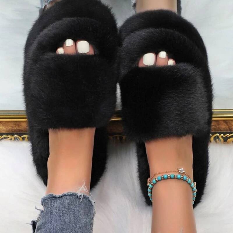 

Open Toe Fluffy Slippers, Black