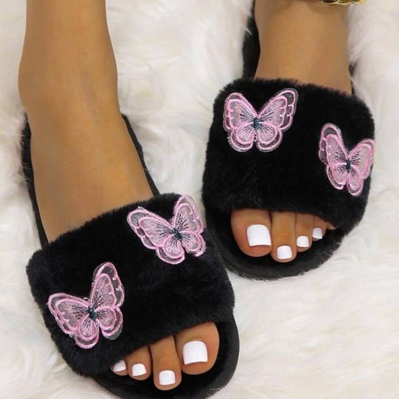 

Butterfly Applique Fluffy Slippers, Black