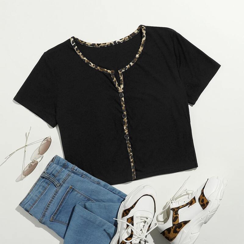 

Leopard Trim Button Front Ribbed Tee, Multicolor