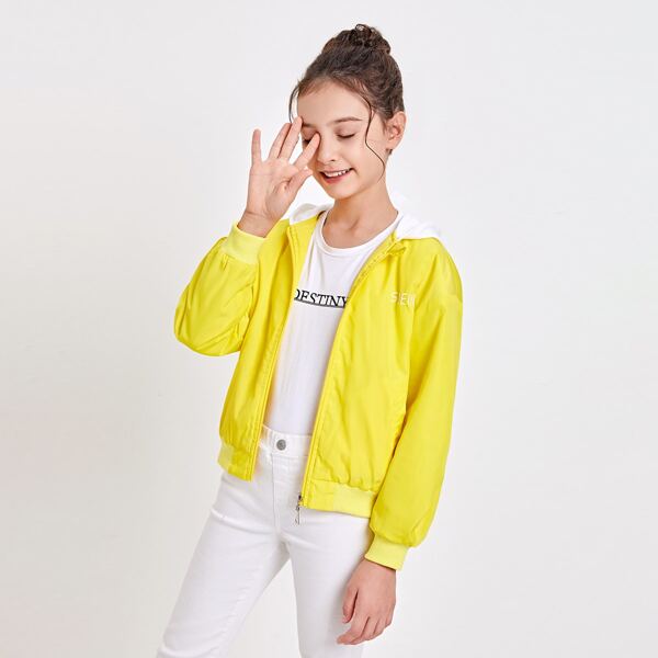 

Girls Letter Embroidery Zip Up Hooded Jacket, Yellow bright