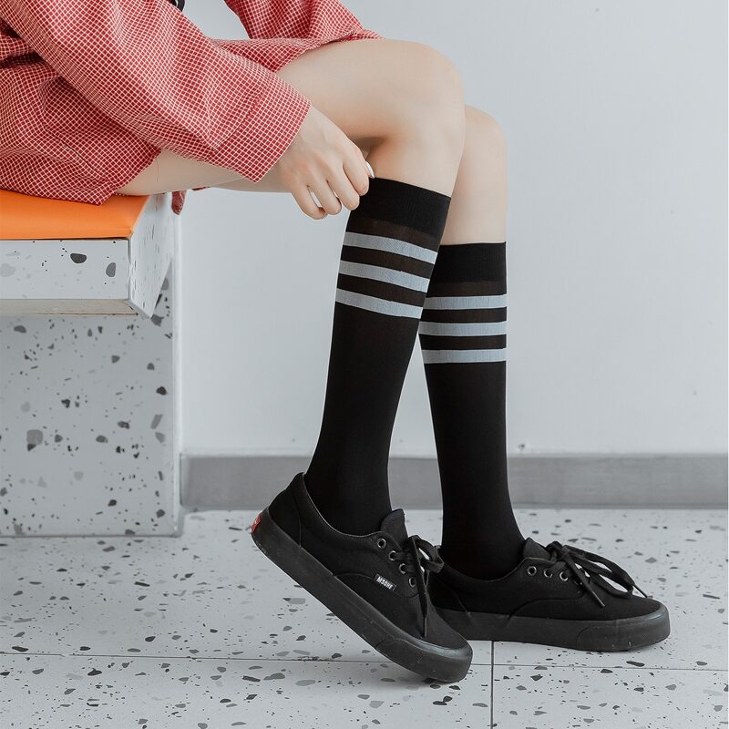 

1pair Stripe Over The Calf Socks, Black