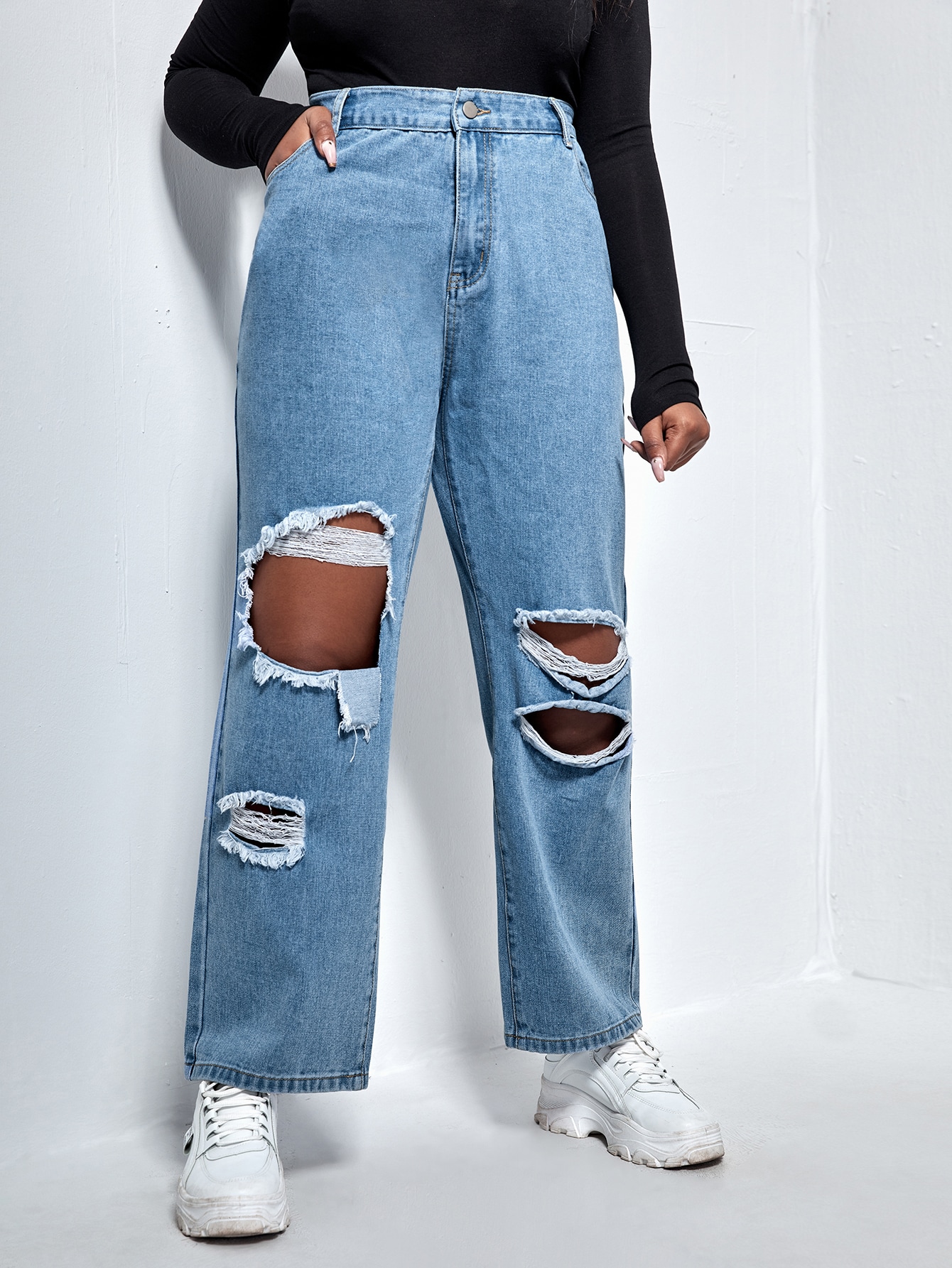 Plus High Waist Ripped Straight Leg Jeans thumbnail