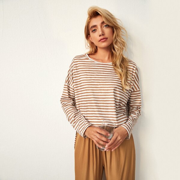 

Striped Drop Shoulder Tee & Pants PJ Set, Multicolor