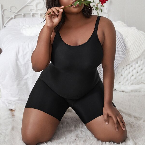 

Plus Solid Shapewear Romper, Black
