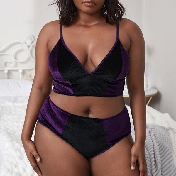 

Plus Two Tone Velvet Lingerie Set, Multicolor