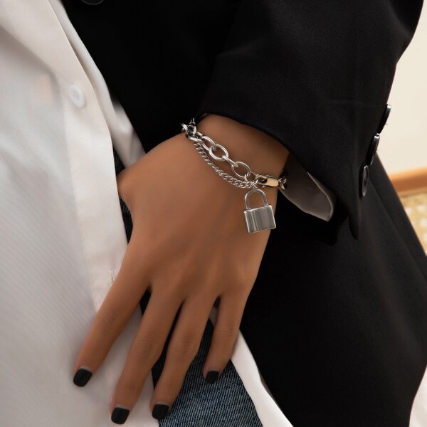 

Lock Charm Chain Bracelet, Silver