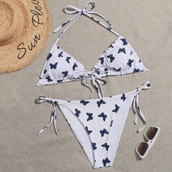 

Plus Butterfly Print Halter Tie Side Bikini Swimsuit, White
