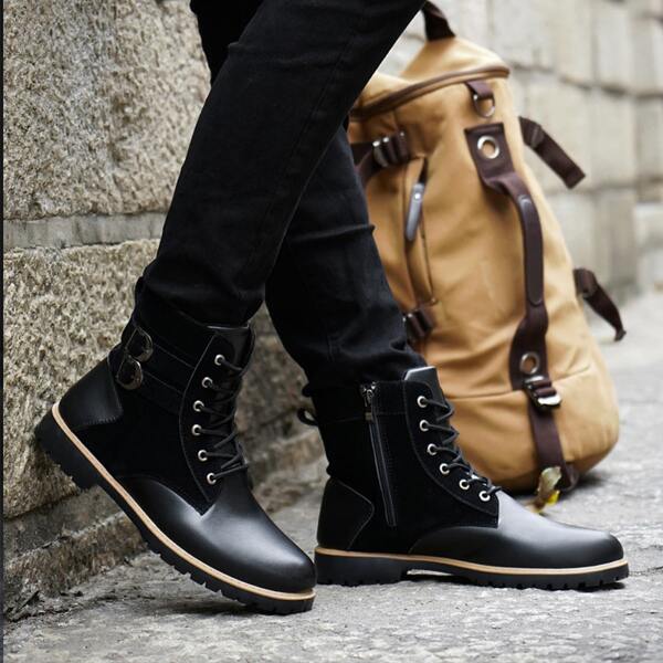 

Men Double Buckle Decor Lace-up Front Combat Boots, Black