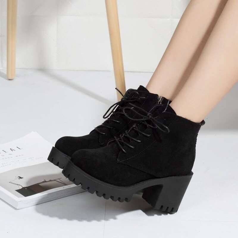 

Chunky Heel Lace-up Front Ankle Boots, Black