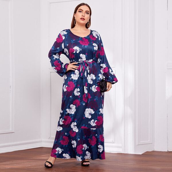 

Plus Floral Print Bishop Sleeve Belted Dress, Multicolor