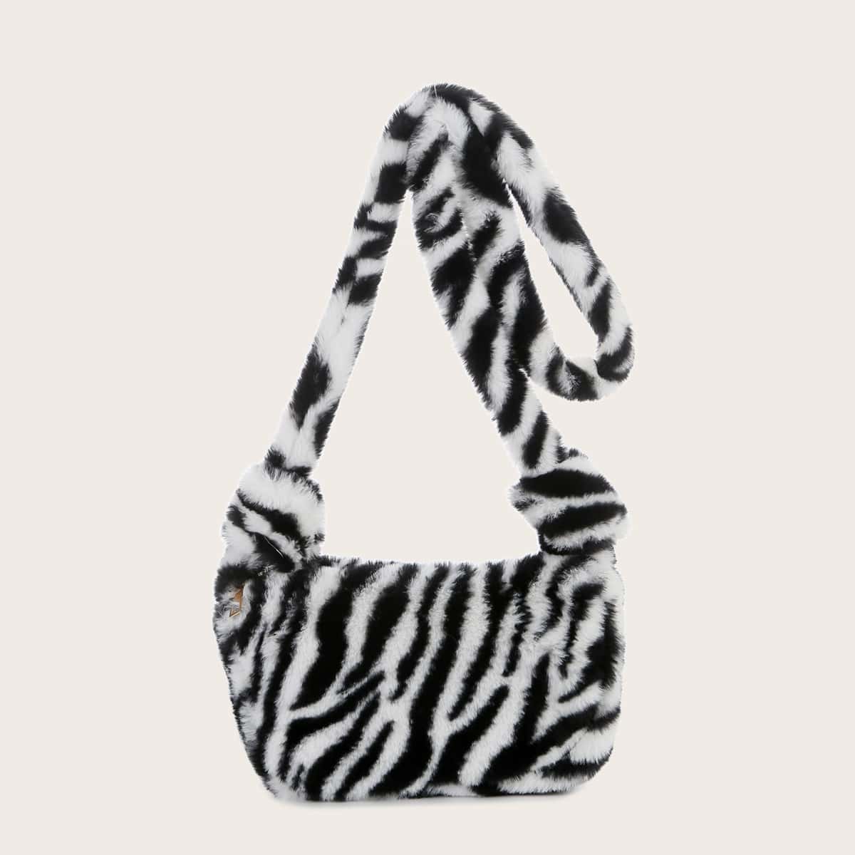 

Zebra Striped Faux Fur Crossbody Bag, Black and white