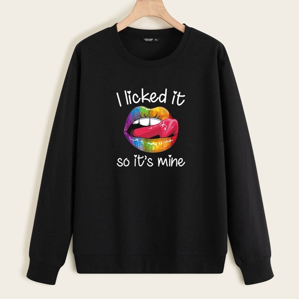 

Plus Lip & Slogan Graphic Lined Sweatshirt, Black