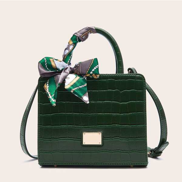 

Twilly Scarf Decor Croc Embossed Satchel Bag, Dark green