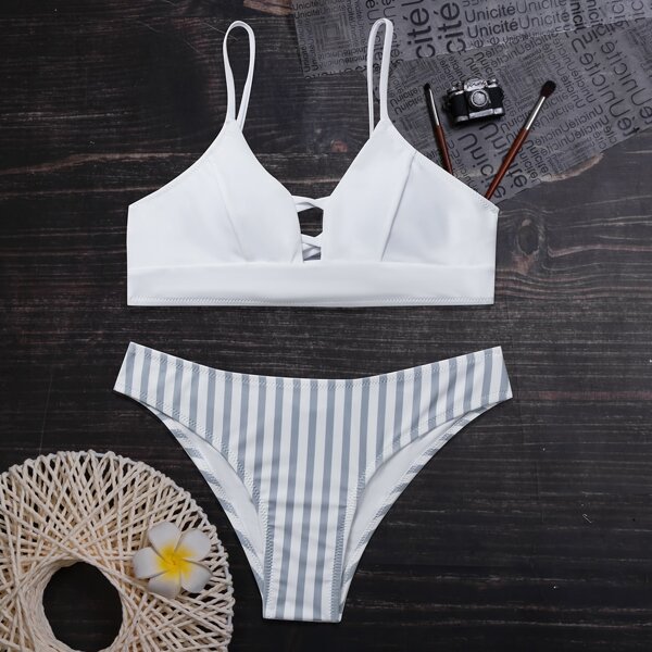 

Striped Lace-up Bikini Swimsuit, White